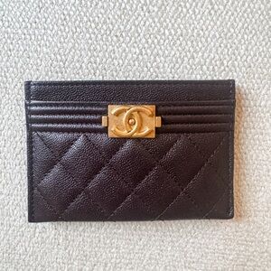 CHANEL Dark Brown The Boy Caviar Card Holder with Gold Accent